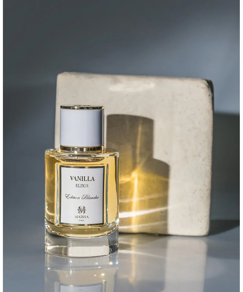 Maissa Paris Vanilla Elixir Edition Blanche perfume bottle with gold and white cap
