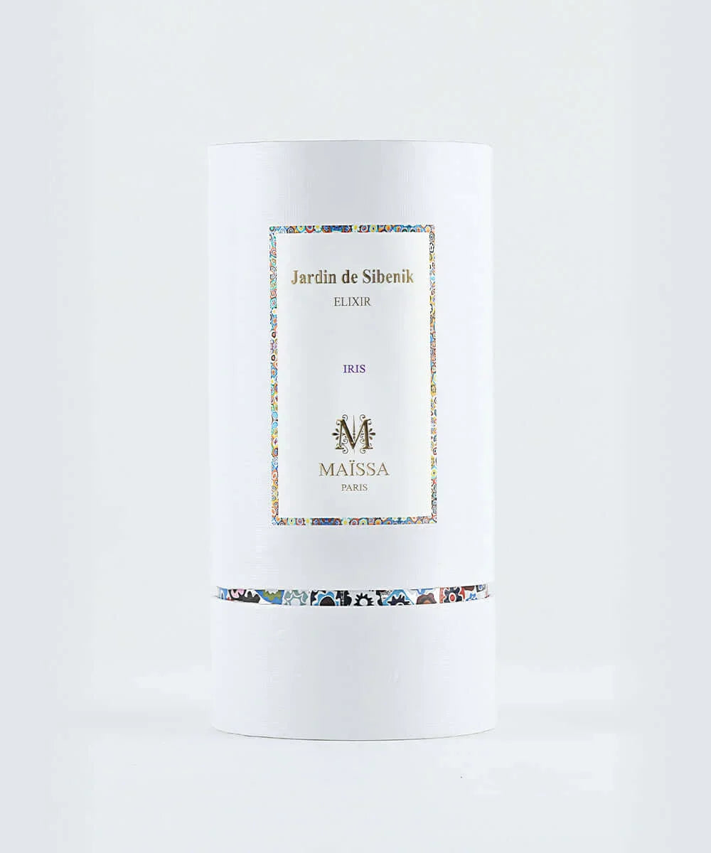 Elegant Jardin de Sibenik Iris perfume bottle by Maïssa Paris with white cap and purple gradient