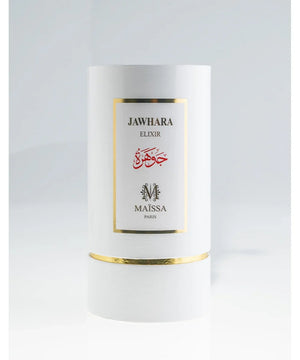 White cylindrical perfume box with gold trim labeled Jawhara Elixir by Maissa Paris