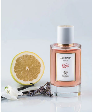 Jawhara Elixir perfume bottle by Maissa Paris with lemon slice, lavender, and white flowers