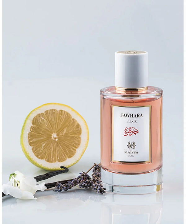 Jawhara Elixir perfume bottle by Maissa Paris with lemon slice, lavender, and white flowers