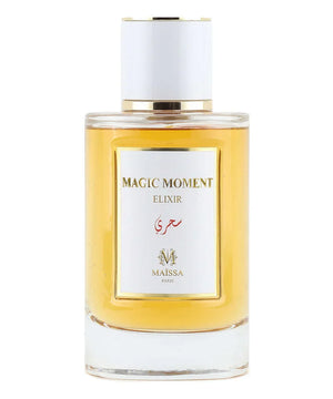 Magic Moment Elixir perfume bottle by Maïssa Paris with amber liquid and white cap