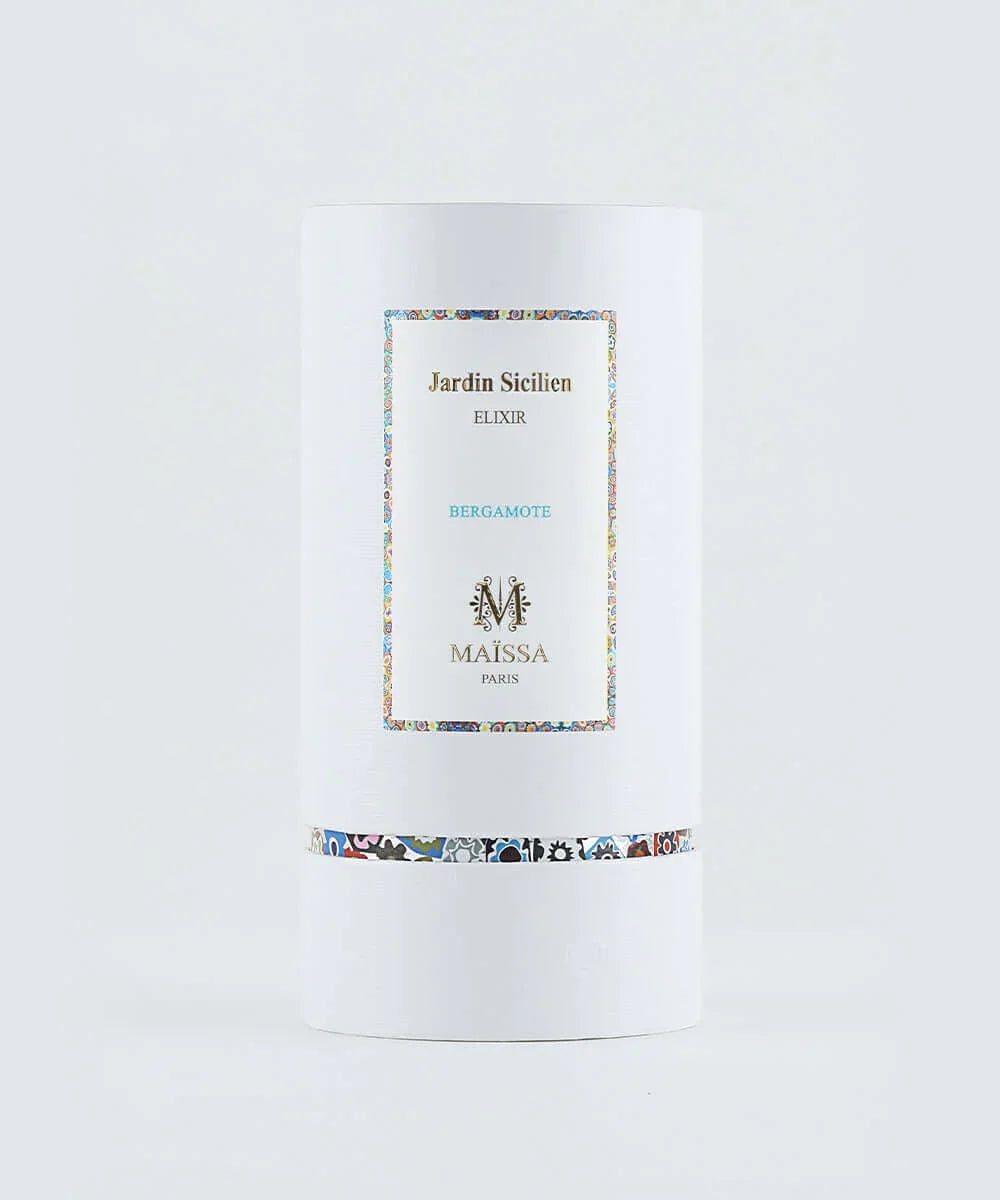 Jardin Sicilien Elixir Bergamote perfume by Maïssa Paris in transparent blue glass bottle with white and gold cap