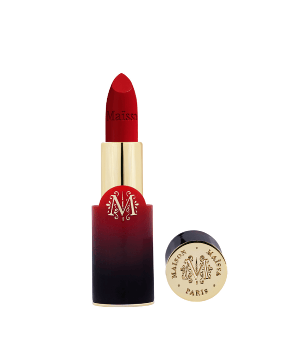 Luxurious Maison Maïssa red lipstick in elegant gold and black packaging, showcasing refined Parisian style compatible with the5thscent.
