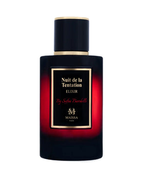 Nuit de la Tentation Elixir perfume bottle by Maissa with black and red gradient glass and gold accents